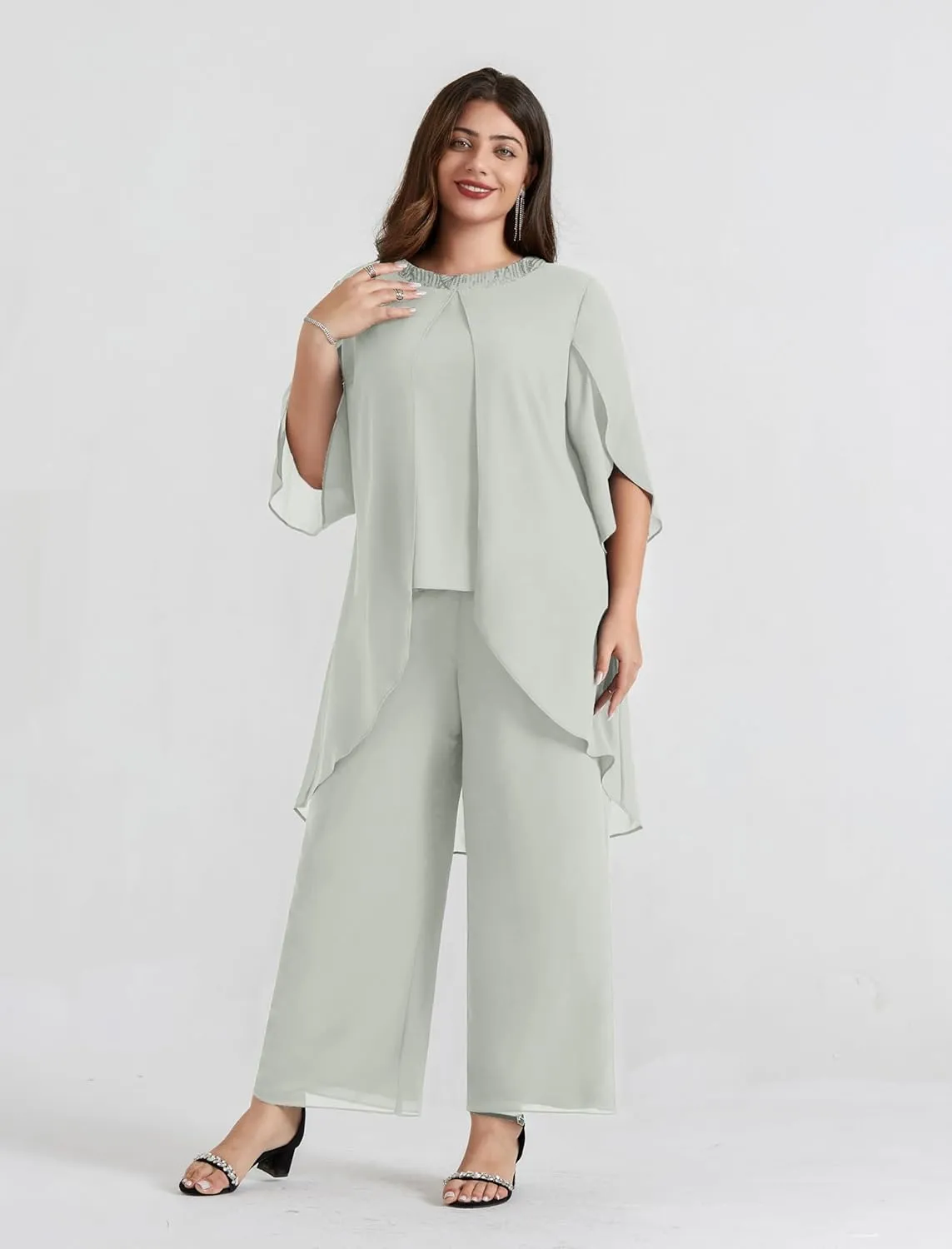 Hanna Nikole Plus Size Mother of The Bride Pant Suits 2 Piece Chiffon Sets Dressy Wedding Guest Outfit with High Low Hem
