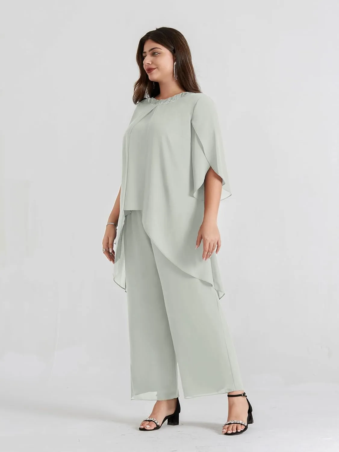 Hanna Nikole Plus Size Mother of The Bride Pant Suits 2 Piece Chiffon Sets Dressy Wedding Guest Outfit with High Low Hem