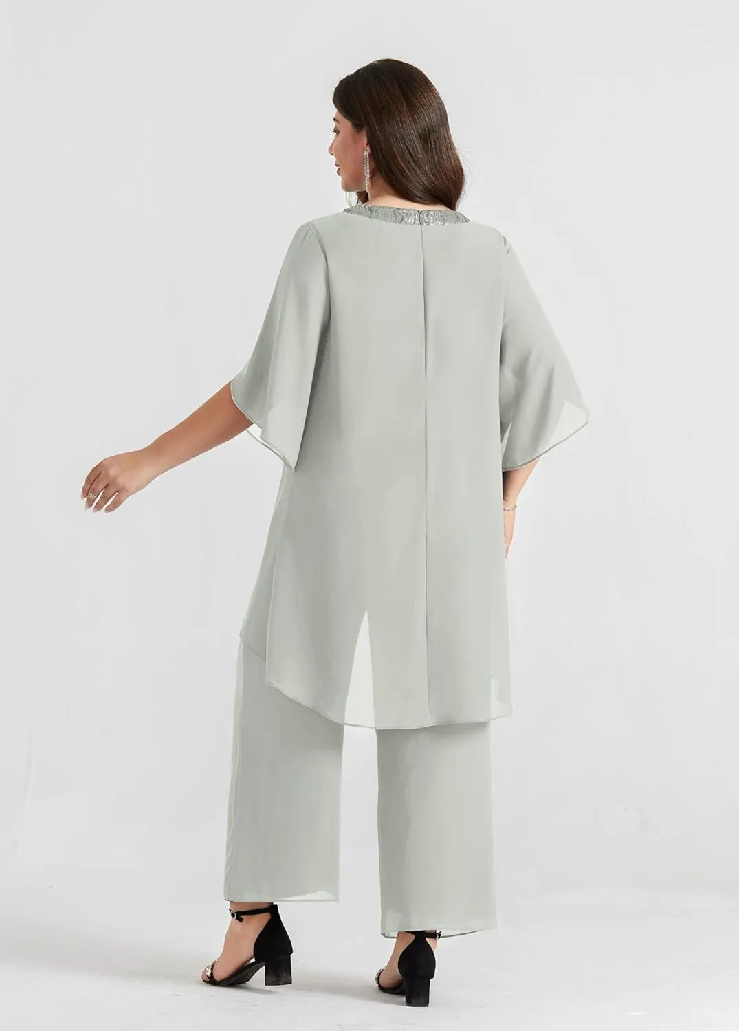 Hanna Nikole Plus Size Mother of The Bride Pant Suits 2 Piece Chiffon Sets Dressy Wedding Guest Outfit with High Low Hem