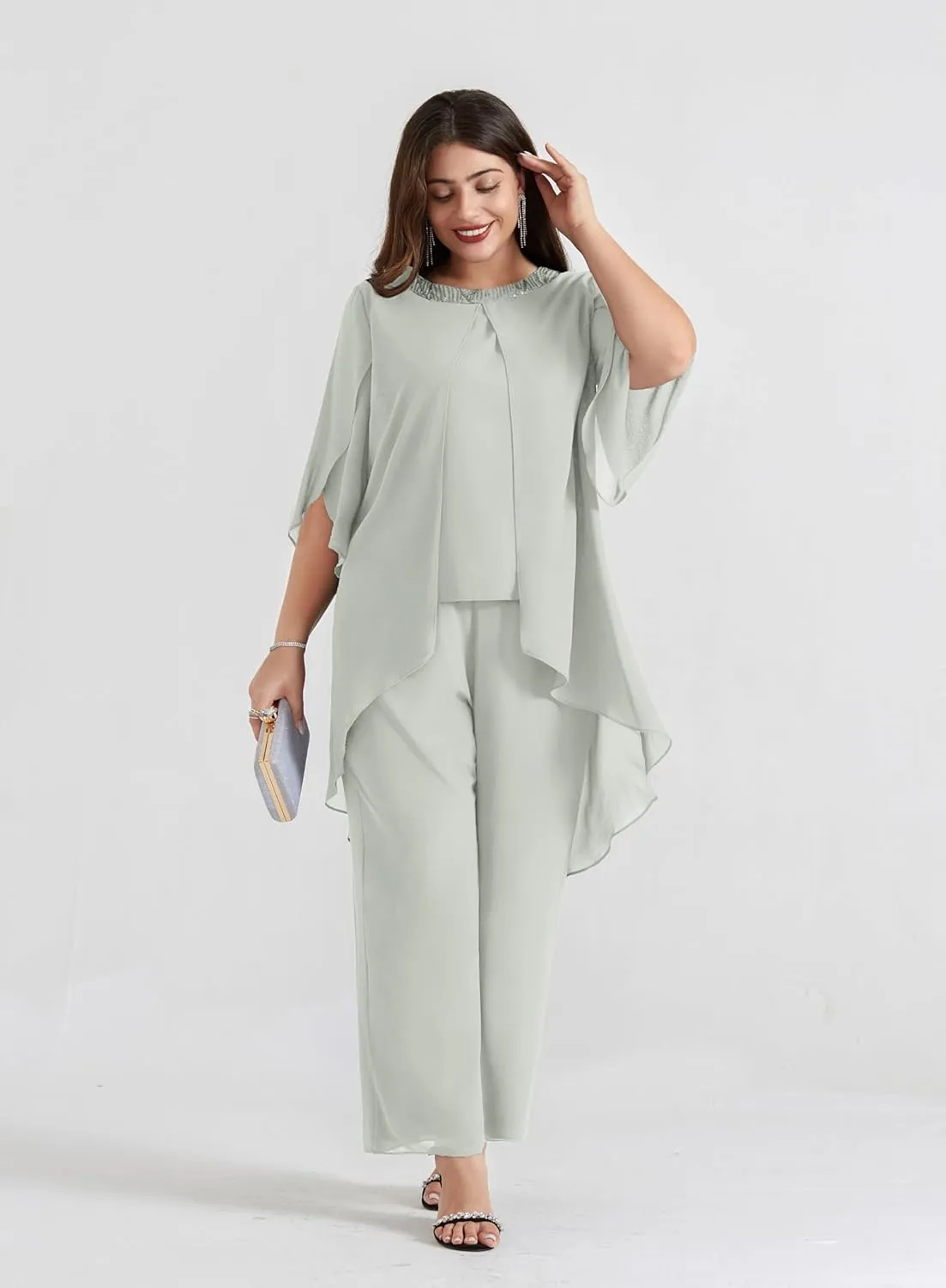 Hanna Nikole Plus Size Mother of The Bride Pant Suits 2 Piece Chiffon Sets Dressy Wedding Guest Outfit with High Low Hem