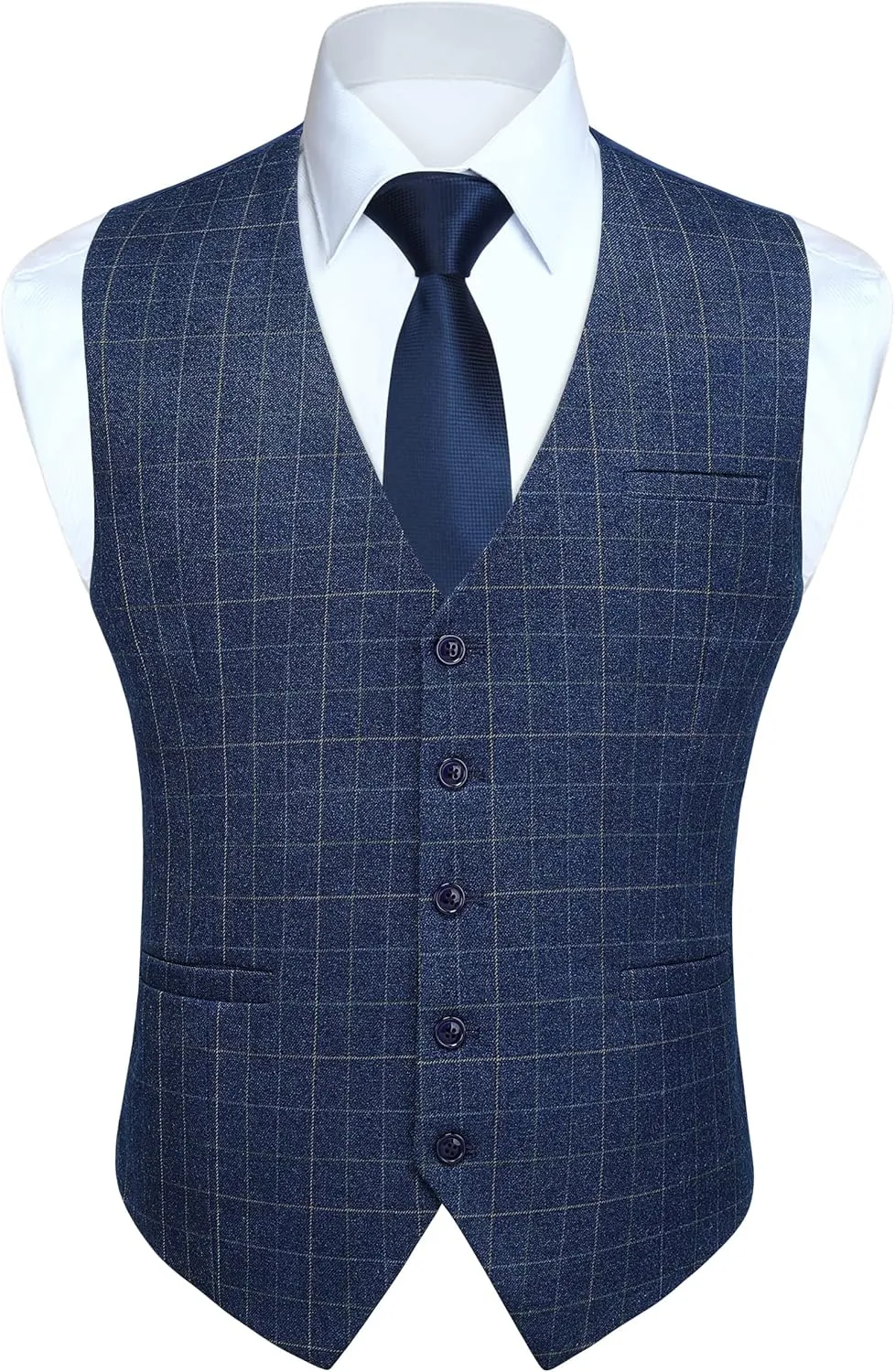 HISDERN Men's Suit Vest Plaid Dress Vest for Men Slim Fit Formal Business Waistcoat Tuxedo V-Ncek Solid Vest for Wedding