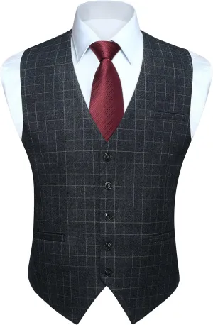 HISDERN Men's Suit Vest Plaid Dress Vest for Men Slim Fit Formal Business Waistcoat Tuxedo V-Ncek Solid Vest for Wedding