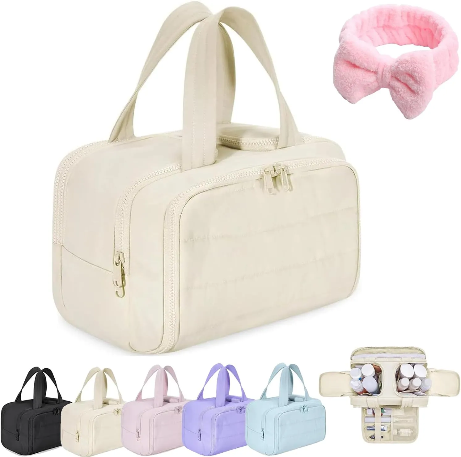 Humidity Travel Cosmetic Bag, Humidity Large Capacity Wide-Open Travel Cosmetic Bags, Humi-dity Toiletry Bag, 0.6lb Ultra Lightweight Toiletry Organizer with Handle for Traveling (Beige)