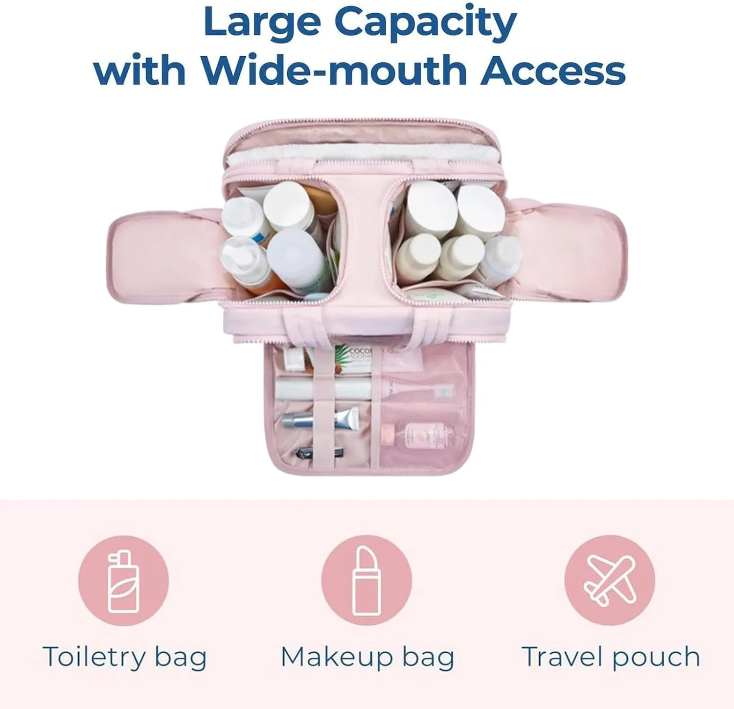 Humidity Travel Cosmetic Bag,Humidity Large Capacity Wide-Open Travel Cosmetic Bag,Lightweight Toiletry Organizer for Traveling,Wide-Opening Proof Organizer for Women (Light Pink)