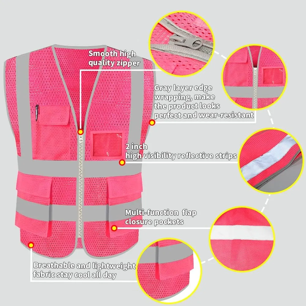 HYCOPROT High Visibility Mesh Safety Reflective Vest with Pockets and Zipper, Meets ANSI/ISEA Standards
