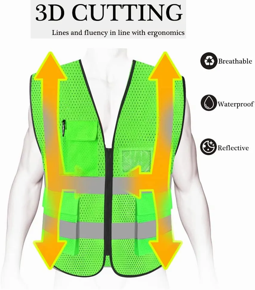 HYCOPROT High Visibility Mesh Safety Reflective Vest with Pockets and Zipper, Meets ANSI/ISEA Standards