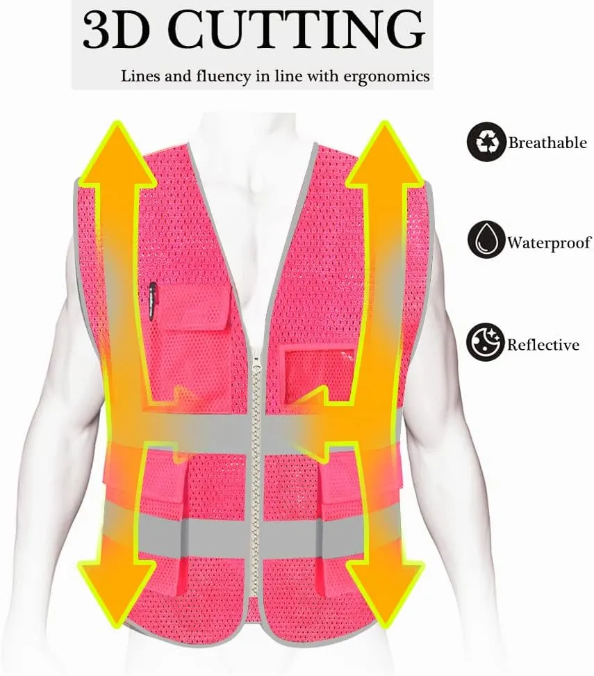 HYCOPROT High Visibility Mesh Safety Reflective Vest with Pockets and Zipper, Meets ANSI/ISEA Standards