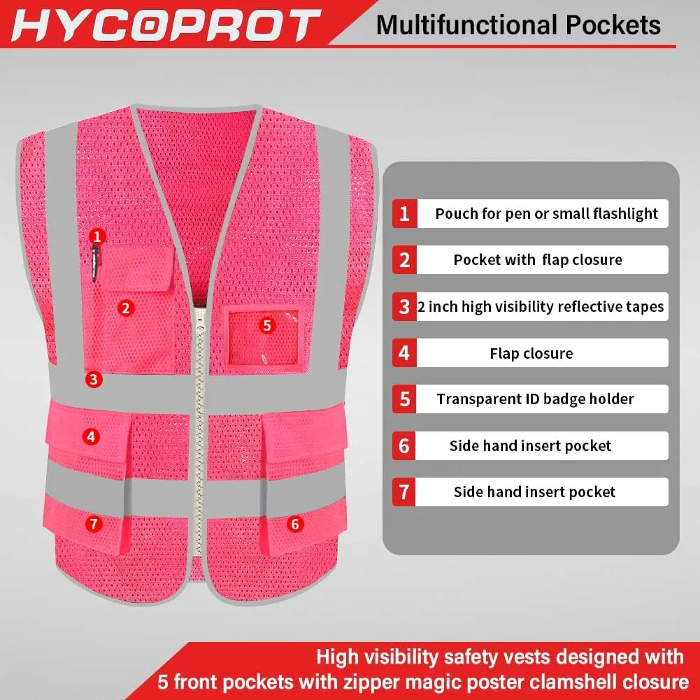 HYCOPROT High Visibility Mesh Safety Reflective Vest with Pockets and Zipper, Meets ANSI/ISEA Standards
