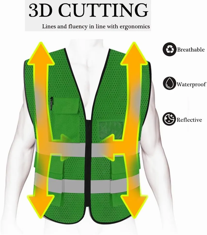 HYCOPROT High Visibility Mesh Safety Reflective Vest with Pockets and Zipper, Meets ANSI/ISEA Standards