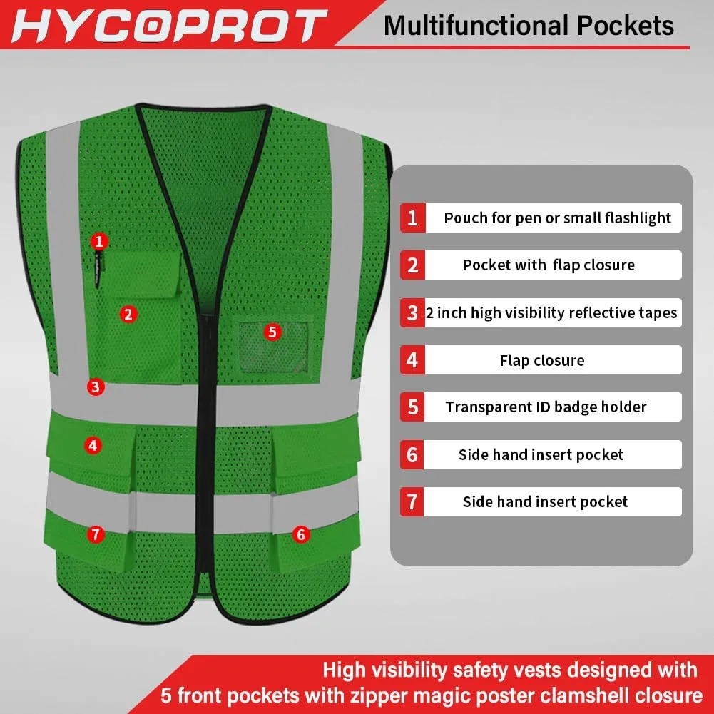 HYCOPROT High Visibility Mesh Safety Reflective Vest with Pockets and Zipper, Meets ANSI/ISEA Standards