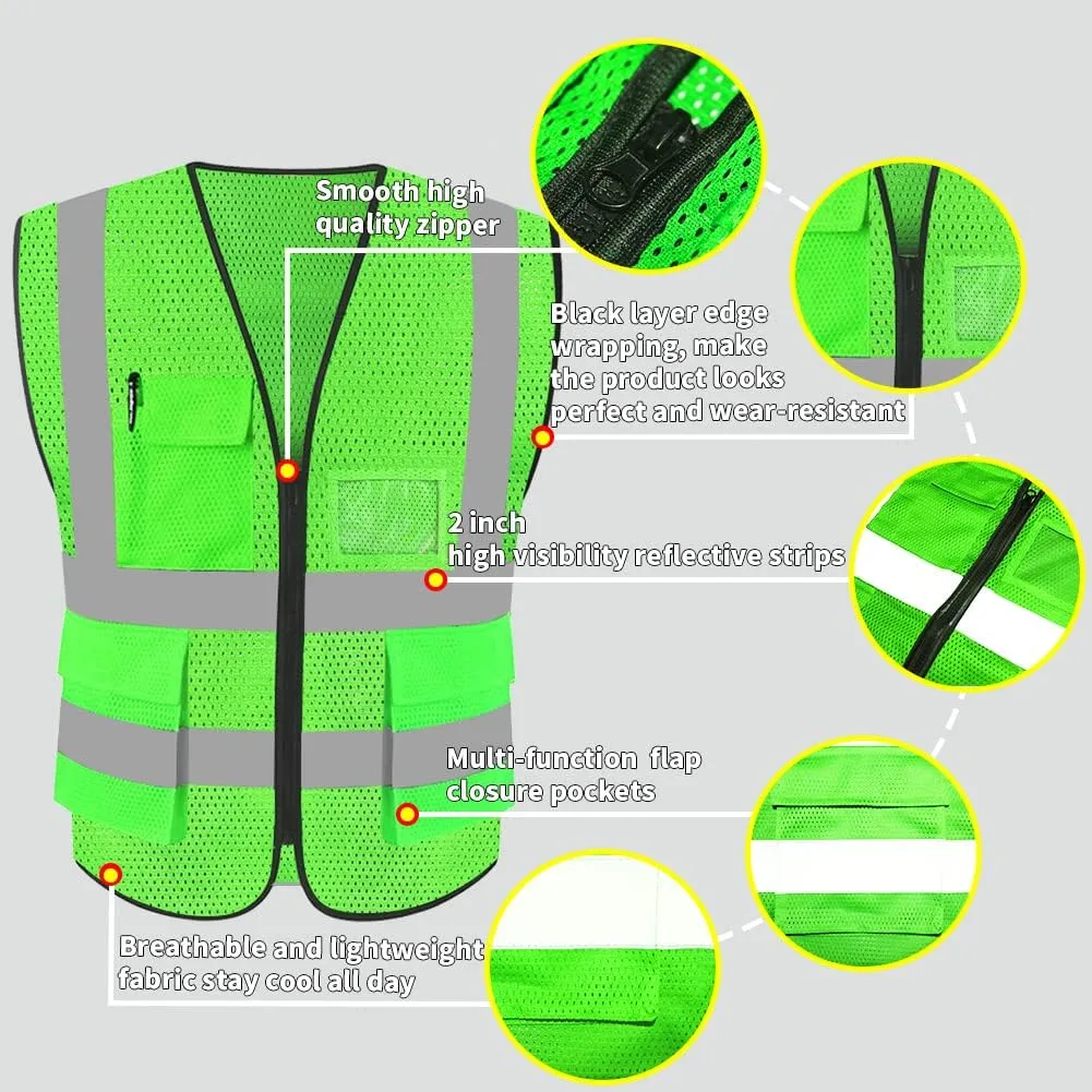 HYCOPROT High Visibility Mesh Safety Reflective Vest with Pockets and Zipper, Meets ANSI/ISEA Standards