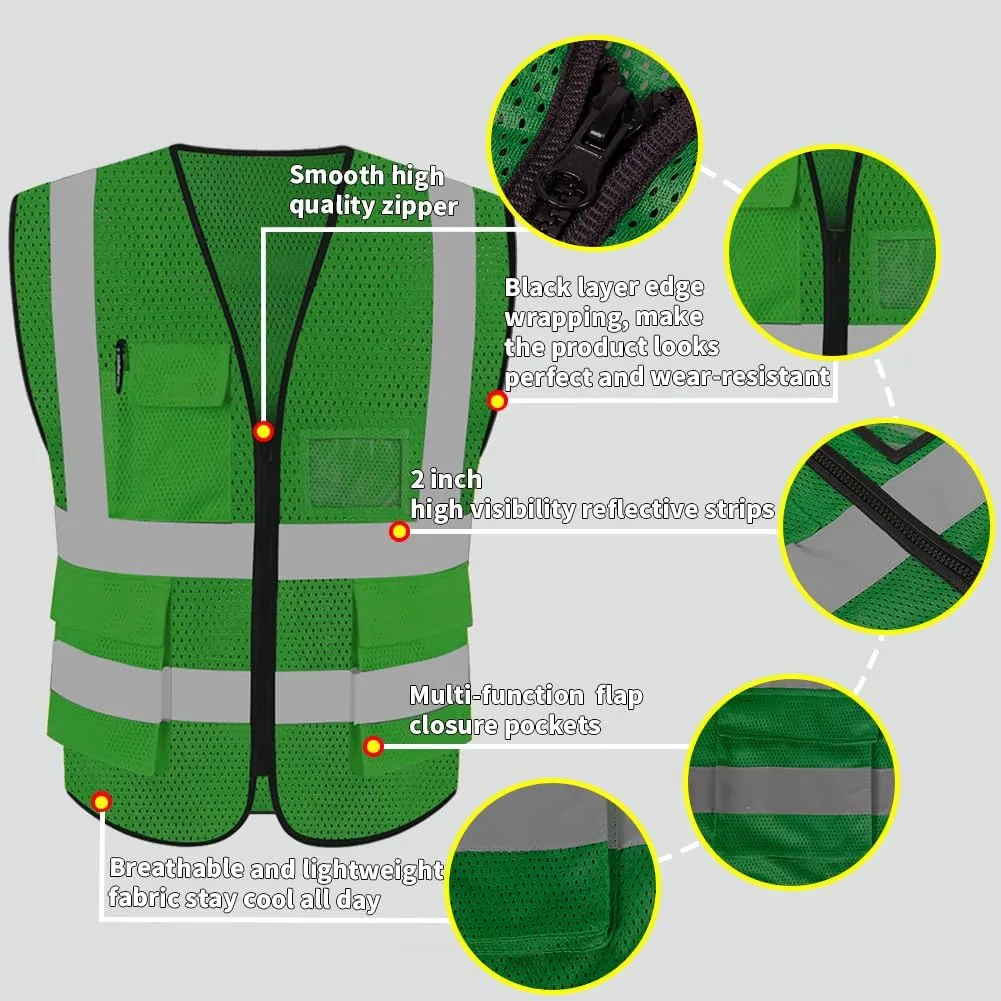 HYCOPROT High Visibility Mesh Safety Reflective Vest with Pockets and Zipper, Meets ANSI/ISEA Standards
