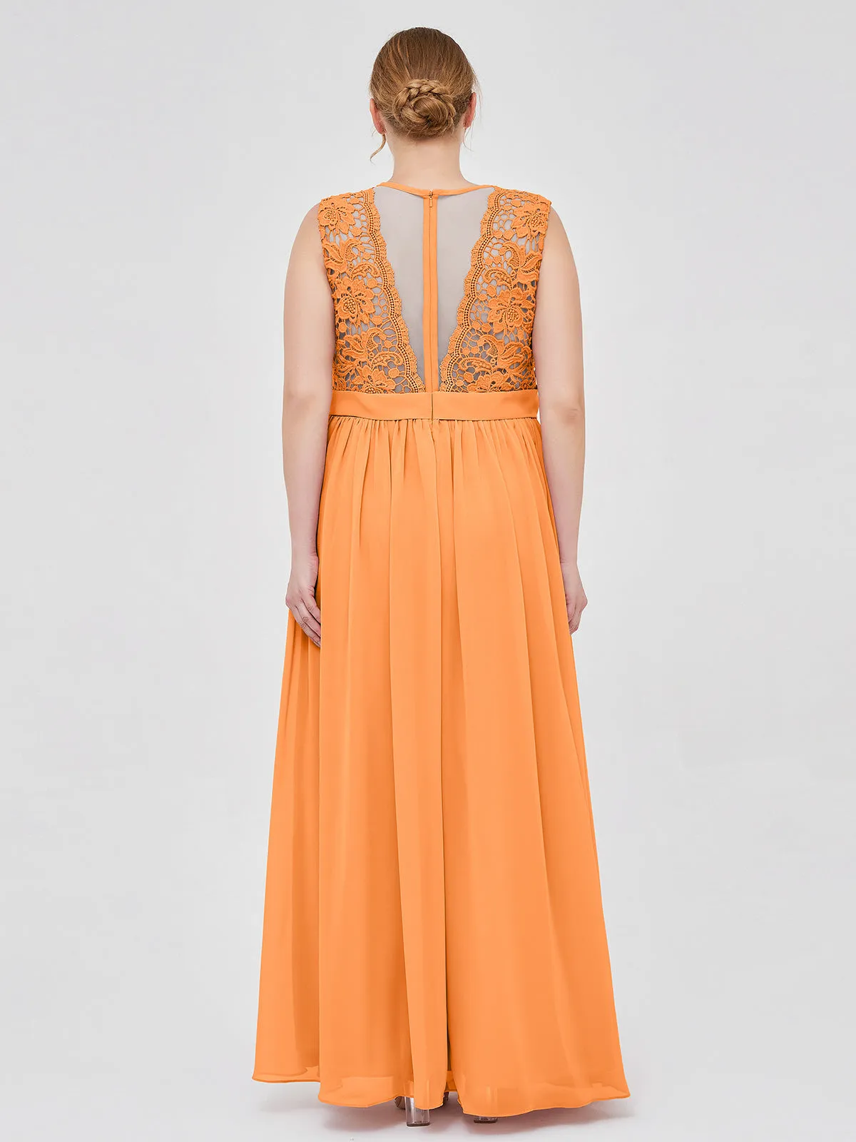 Illusion Neck Chiffon and Lace Dresses Orange