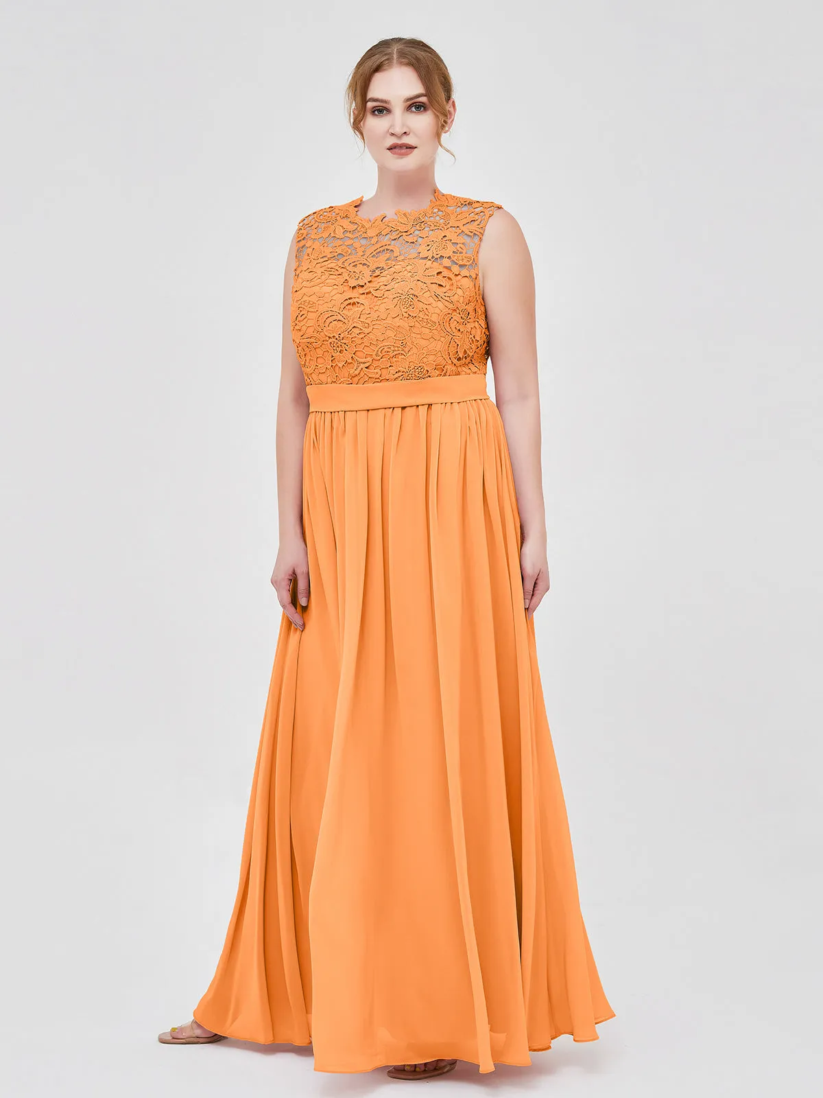 Illusion Neck Chiffon and Lace Dresses Orange