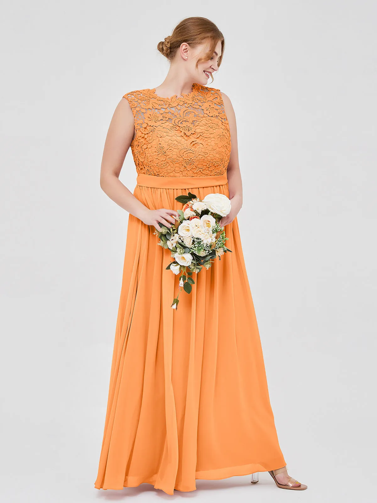 Illusion Neck Chiffon and Lace Dresses Orange