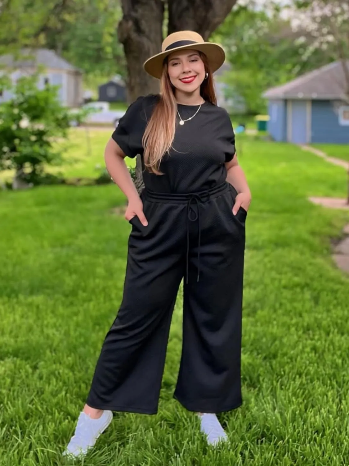 Imily Bela Womens Plus Size 2 Piece Sets Summer Vacation Outfits Short Sleeve Tops and Wide Leg Pants Matching Lounge Set