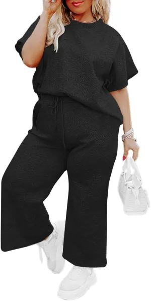 Imily Bela Womens Plus Size 2 Piece Sets Summer Vacation Outfits Short Sleeve Tops and Wide Leg Pants Matching Lounge Set