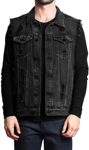 Iynnijoy Men's Denim Vest Destroyed Sleeveless Casual Cowboy Slim Waistcoat Pockets