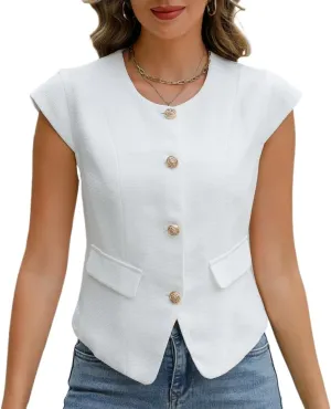 Ladyful Womens Sleeveless Blazer Vest Top Casual Cap Sleeve Tweed Suit Vest Metal Button Business Work Waistcoat