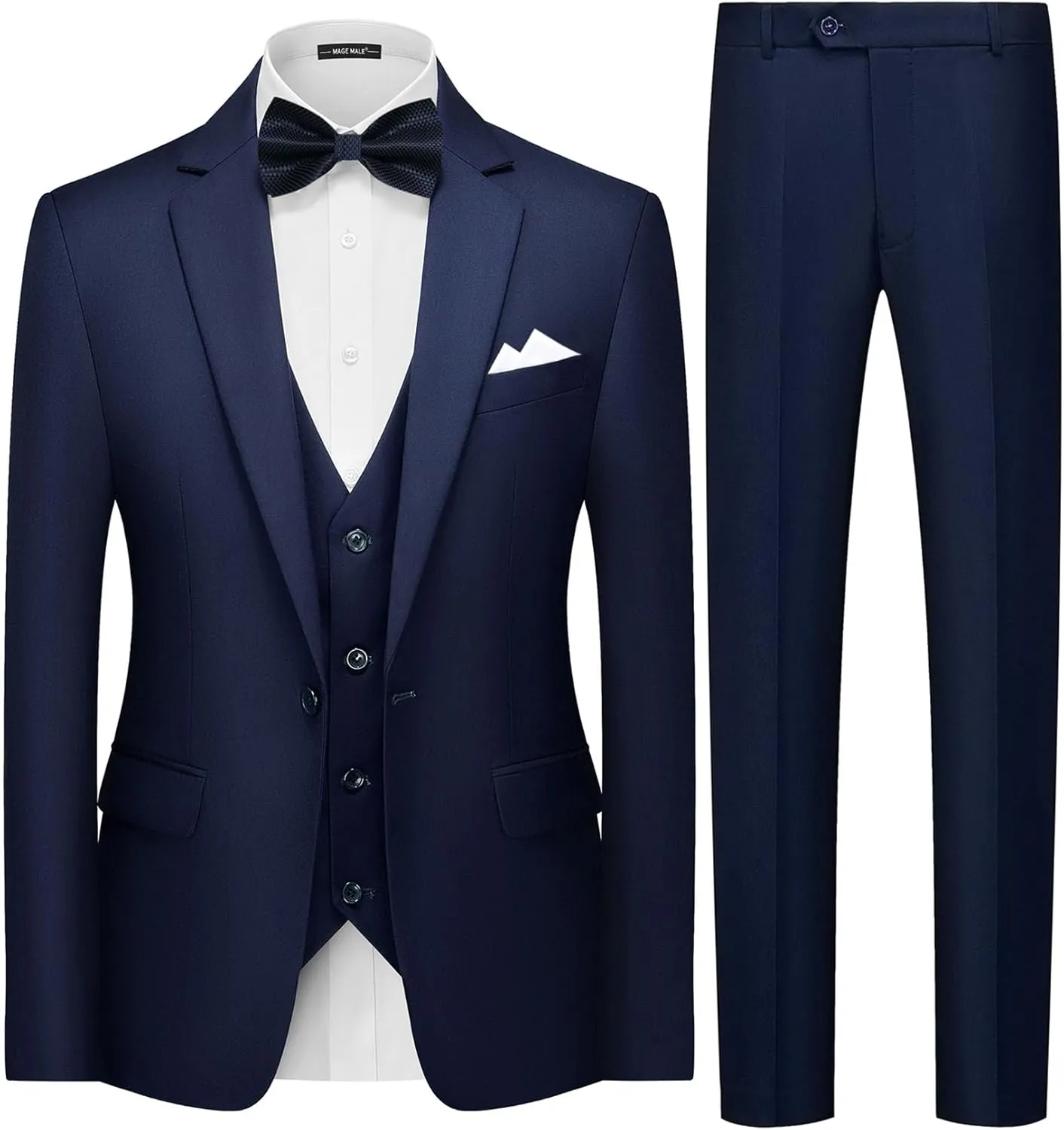 MAGE MALE Mens 3 Piece Suits Slim Fit Tuxedo Suit Set Soild Prom Wedding Suits One Button Blazer Vest Pants Set with Bow Tie