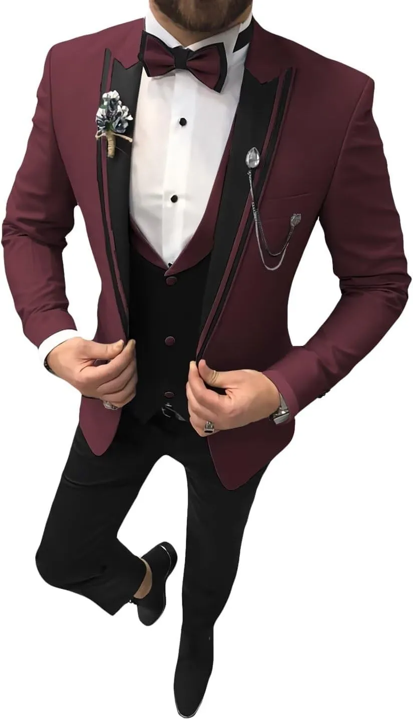 Men's Tuxedo Suit 3 Piece Slim Fit Tuxedo for Men Wedding Suit Prom Tuxedo Suit with Tie Blazer Vest Pants Set