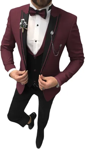 Men's Tuxedo Suit 3 Piece Slim Fit Tuxedo for Men Wedding Suit Prom Tuxedo Suit with Tie Blazer Vest Pants Set