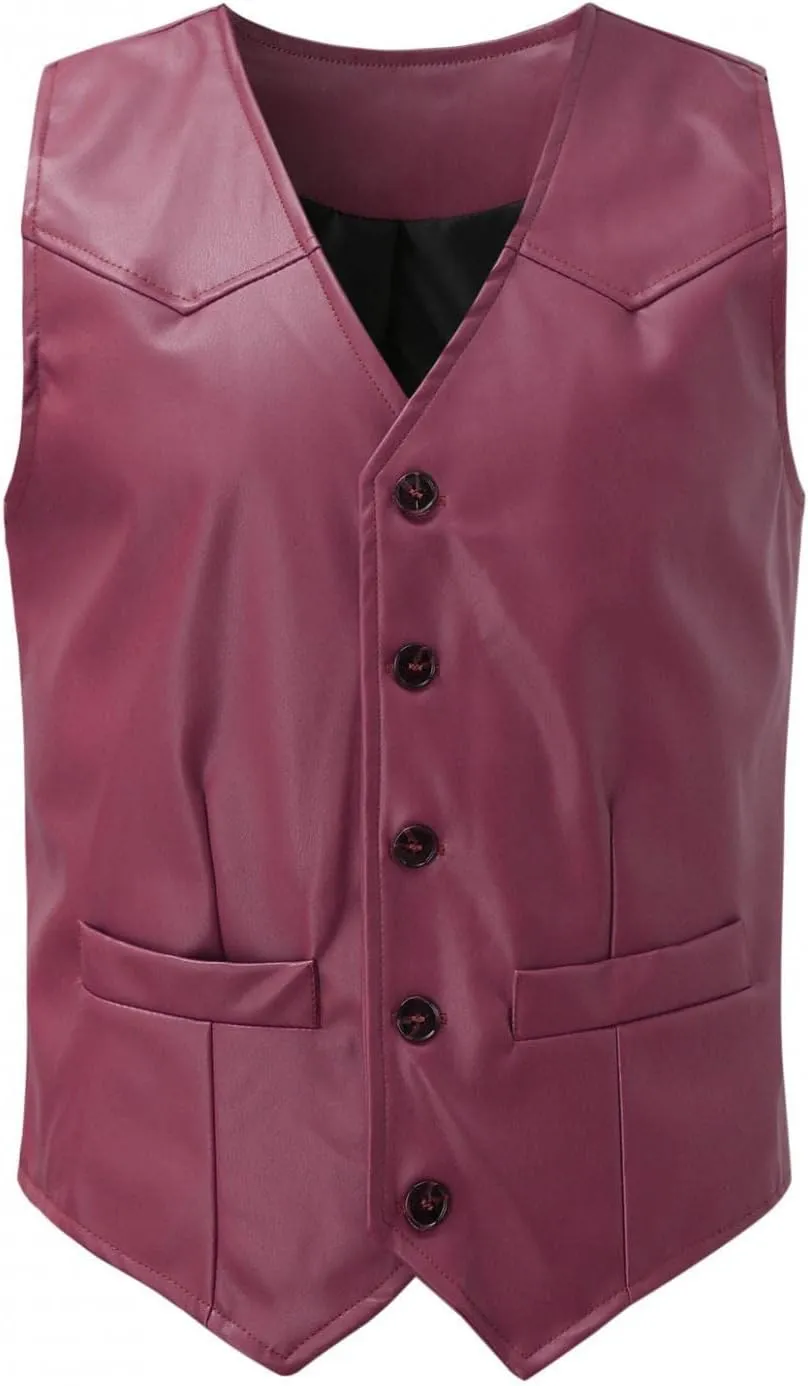 Men's V Neck Western Cowboy Vest Faux Leather Suit Vest Button Down Waistcoat Slim Fit Vintage Sleeveless Vest Jacket