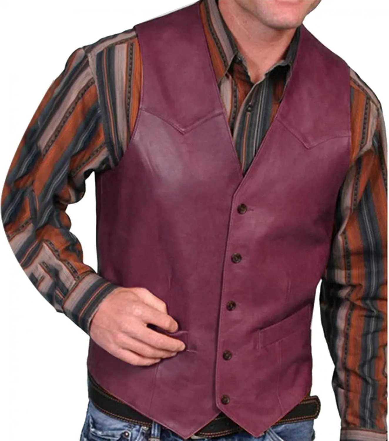 Men's V Neck Western Cowboy Vest Faux Leather Suit Vest Button Down Waistcoat Slim Fit Vintage Sleeveless Vest Jacket
