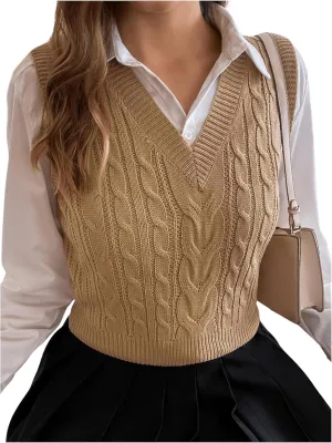 Milumia Women's Cable Knit V Neck Sweater Vest Sleeveless Ribbed Crop Tank Top