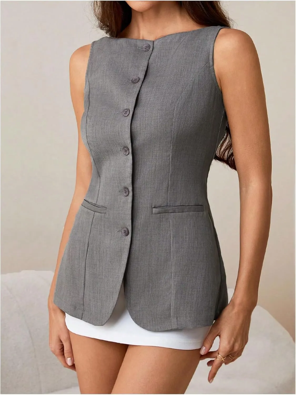 Milumia Women's Sleeveless Boat Neck Button Down Vest Summer Dressy Tank Top Office Business Blazer