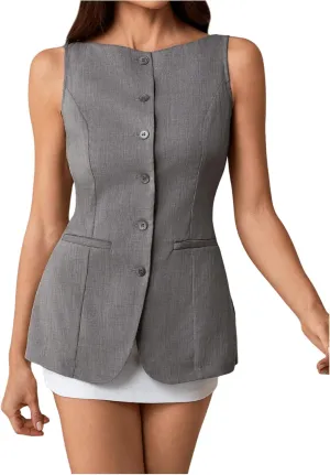 Milumia Women's Sleeveless Boat Neck Button Down Vest Summer Dressy Tank Top Office Business Blazer