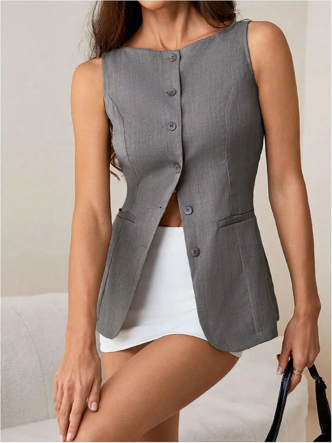 Milumia Women's Sleeveless Boat Neck Button Down Vest Summer Dressy Tank Top Office Business Blazer