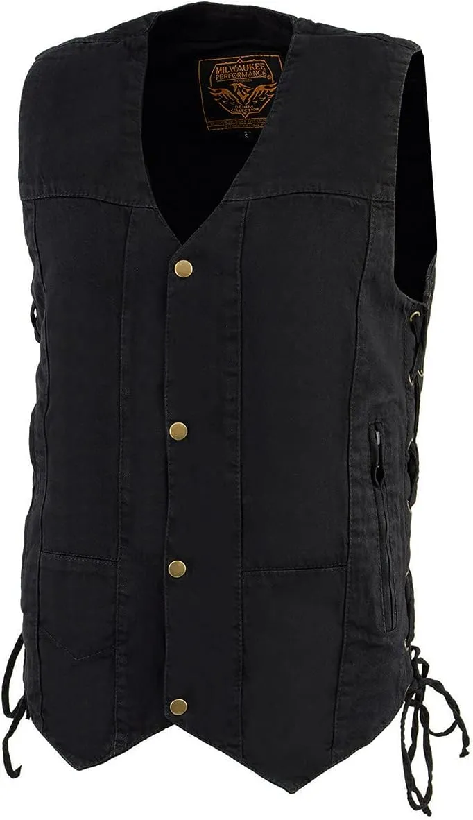 Milwaukee Leather DM1990 Men's Black 10 Pocket Side Lace Denim Vest