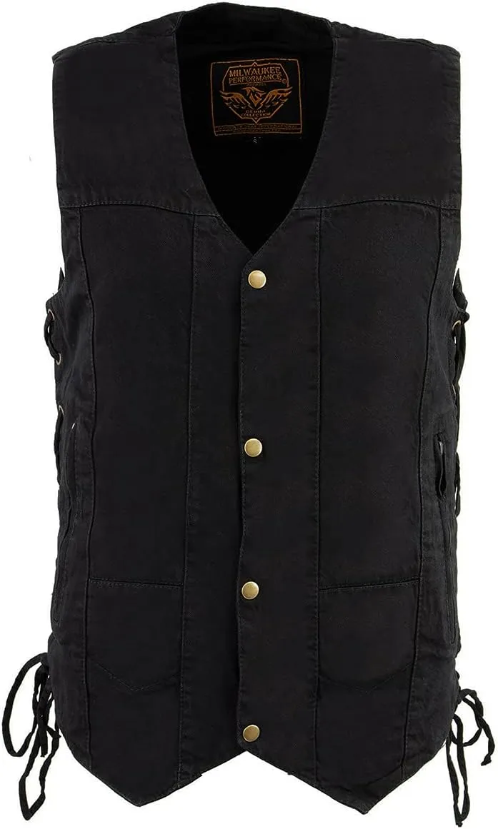 Milwaukee Leather DM1990 Men's Black 10 Pocket Side Lace Denim Vest