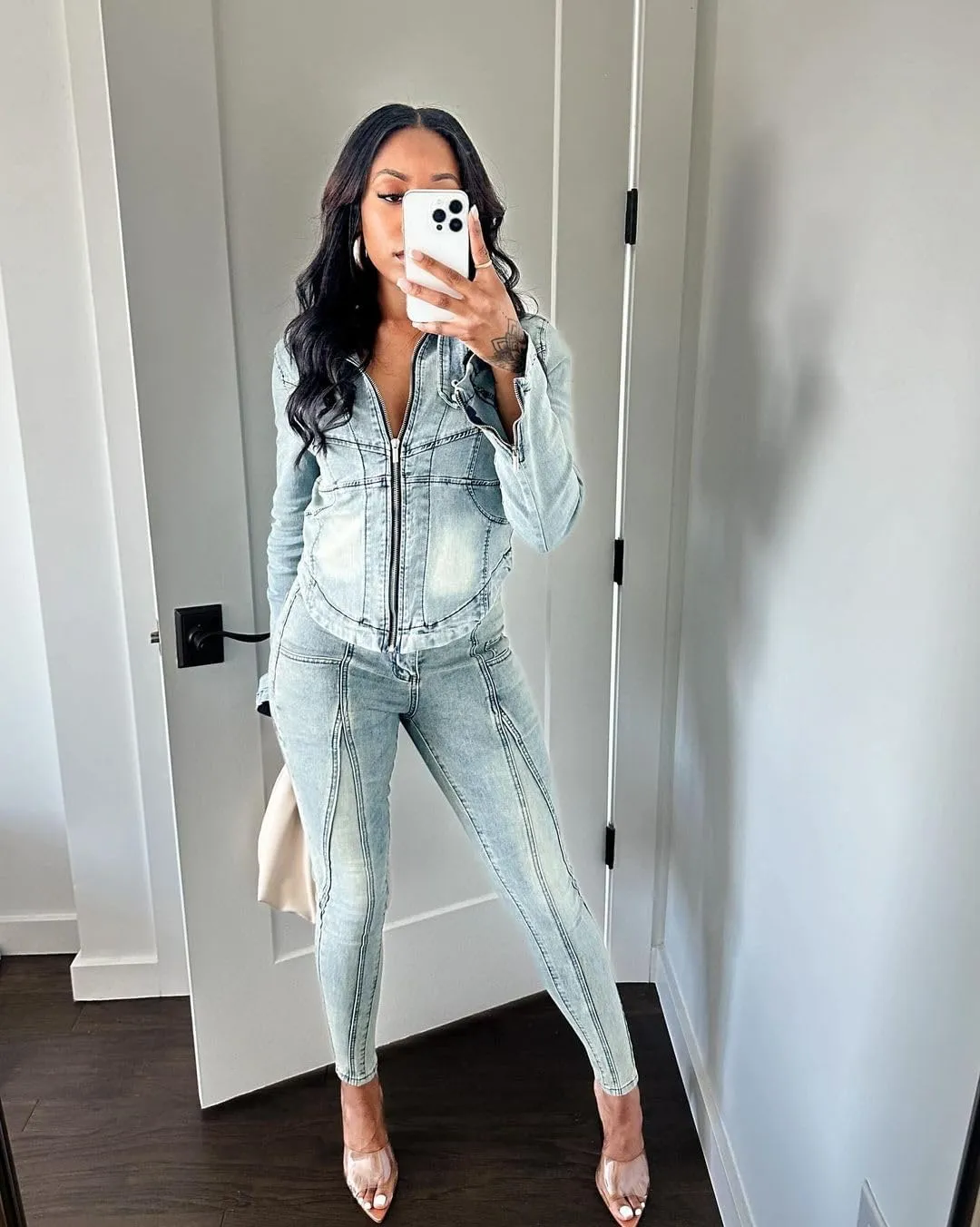 Molilove Women's Two Piece Set Denim Outfits Long Sleeve Zip Up Cropped Jean Jacket Bodycon Pants Fall Y2K Outfits Tracksuit
