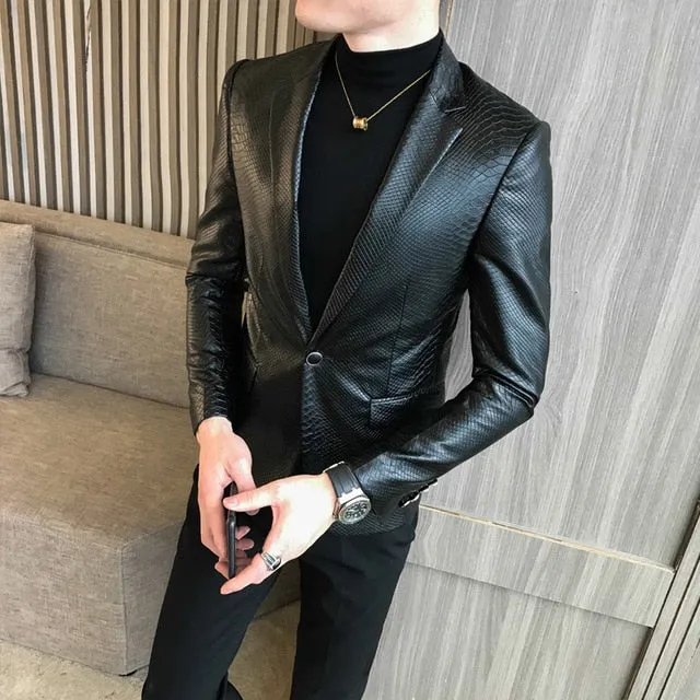 One Button PU Leather Vintage Slim Fit Blazer