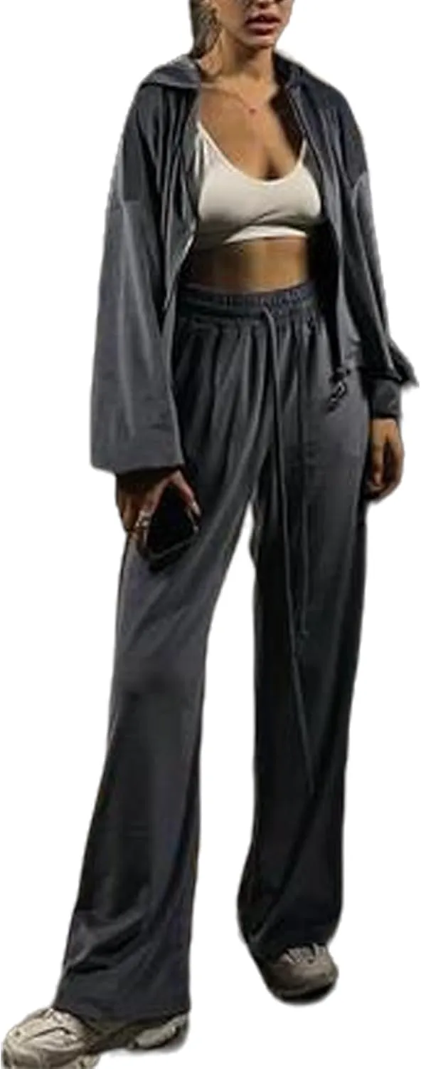 Perbai Womens Velour Tracksuit 2 Piece Sweatsuit Oversized Full Zip Hoodie Wide Leg Pants Sets