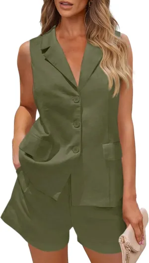 PRETTYGARDEN Women Summer 2 Piece Outfits 2025 Casual Lapel V Neck Button Down Vest Shorts Set Business Work Blazer Sets