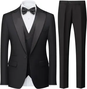 Rogers & Morris Tuxedo Suits for Men Solid 3 Piece Slim FitFormal Set Peak Lapels One Button Jacket Vest Pants