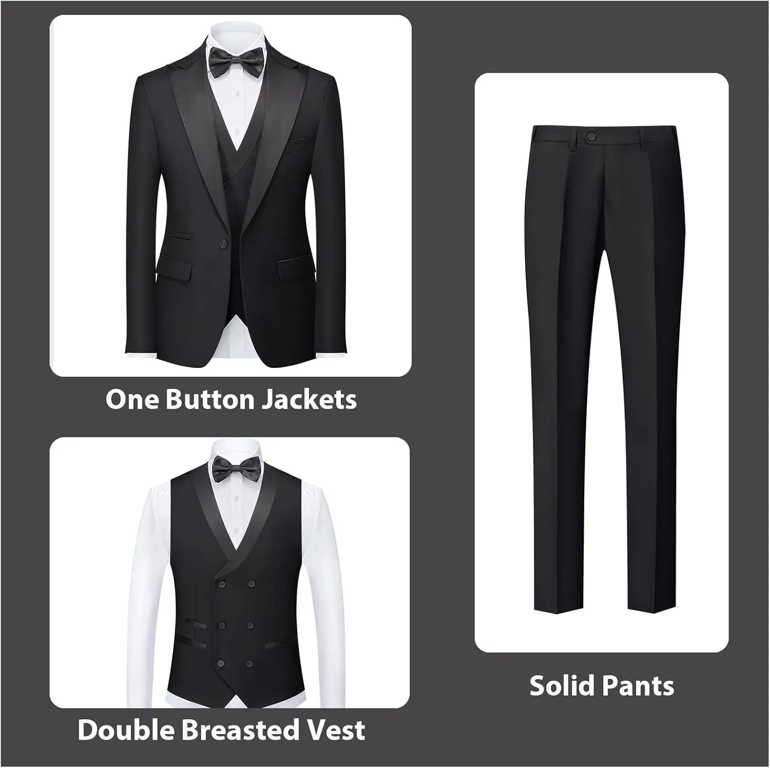 Rogers & Morris Tuxedo Suits for Men Solid 3 Piece Slim FitFormal Set Peak Lapels One Button Jacket Vest Pants