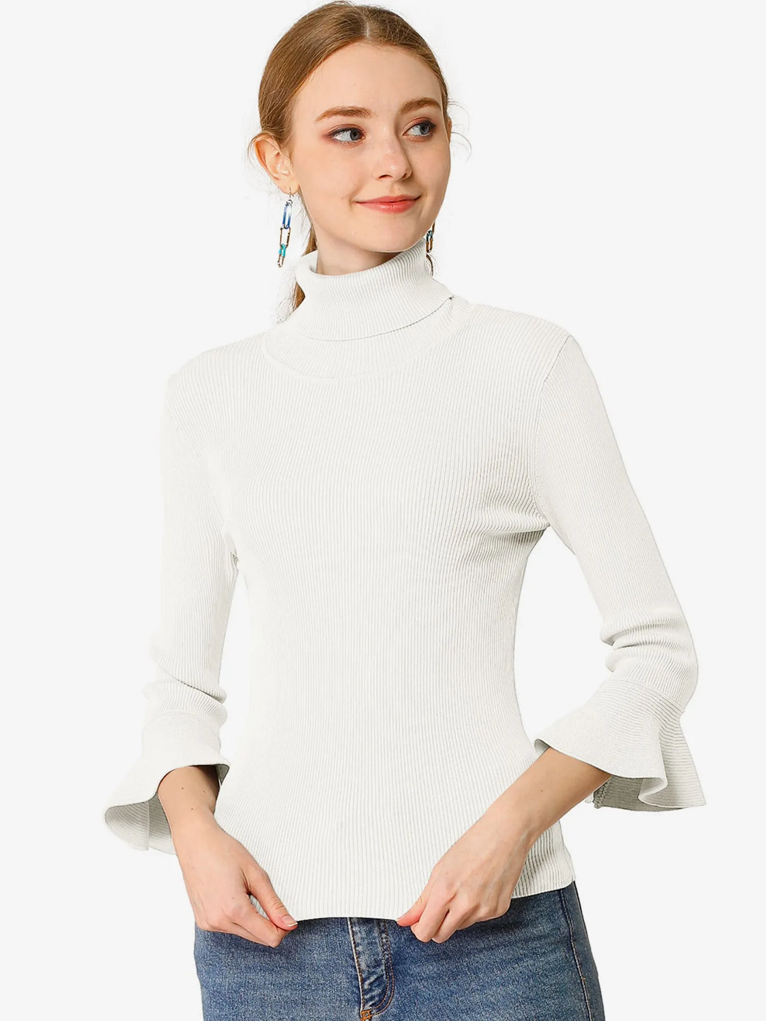 Ruffled 3/4 Sleeve Turtleneck Knitted Pullover Sweater