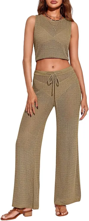 Saodimallsu Womens 2 Piece Crochet Swimsuit Cover Up Sleeveless Crop Top Drawstring Long Pants Set Beach Outfits
