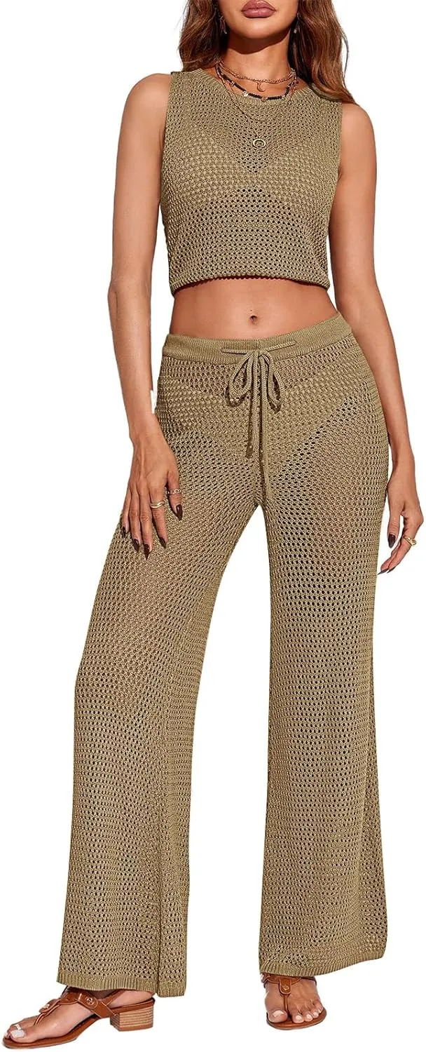 Saodimallsu Womens 2 Piece Crochet Swimsuit Cover Up Sleeveless Crop Top Drawstring Long Pants Set Beach Outfits