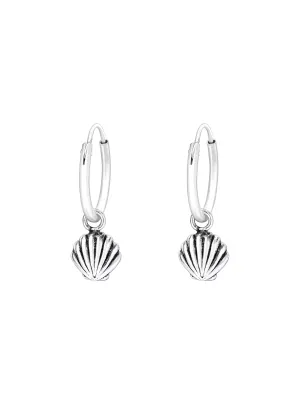 Silver Hanging Shell Huggies Earrings Oxidized