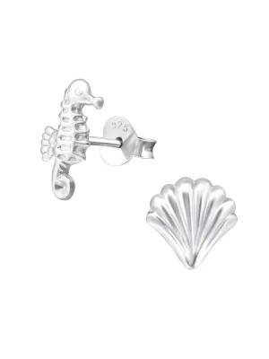 Silver Shell   Seahorse Stud Earrings