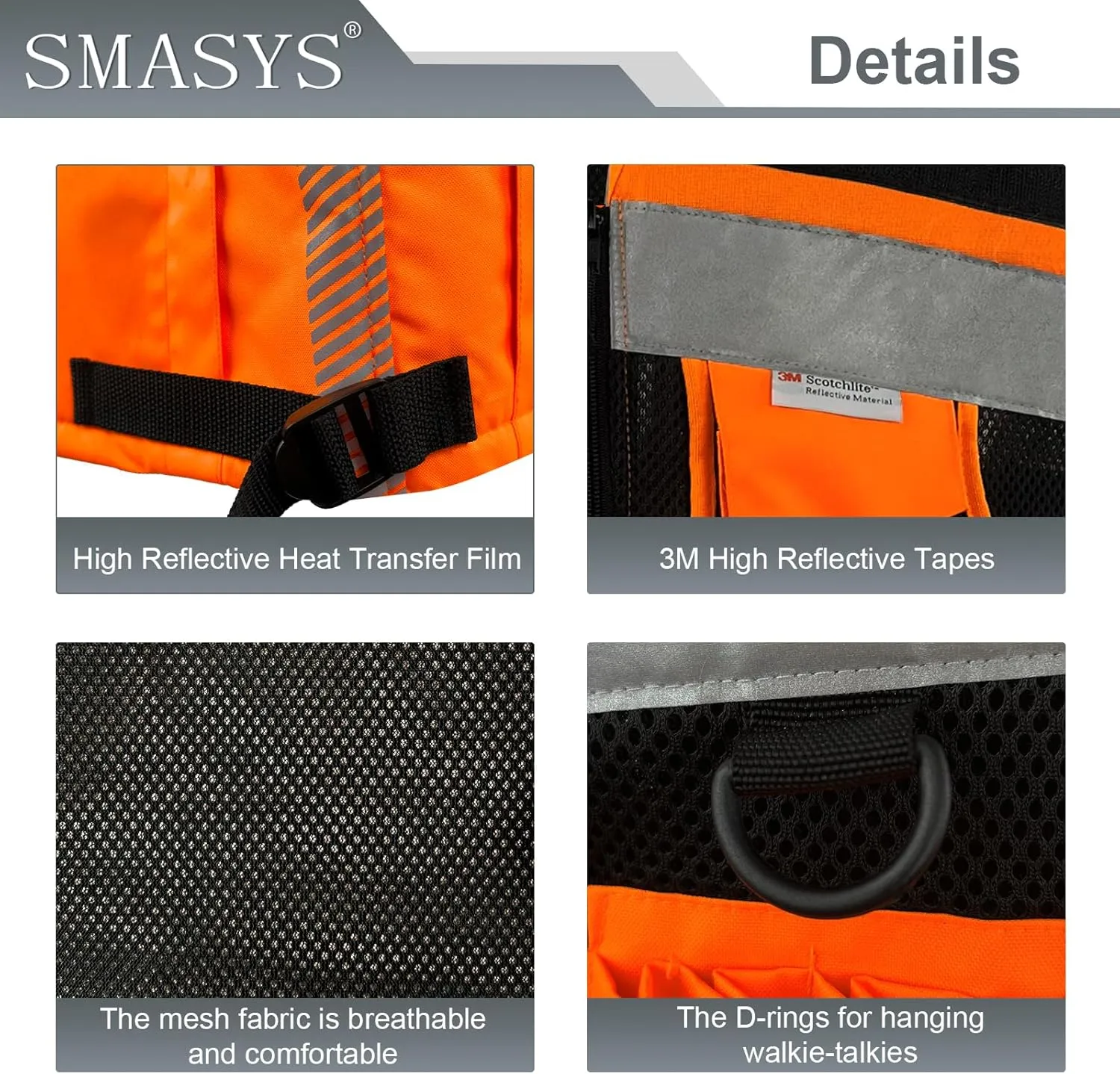SMASYS Hi Vis Safety Vest with 3M Reflective Tape, knitted and Oxford Fabric with Pockets,Multifunction Construction Workwear