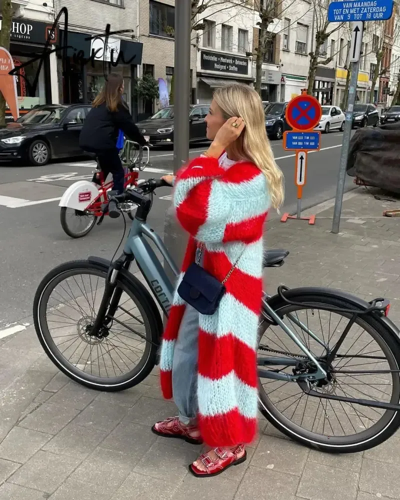 Stripe Women Knit Splice Cardigans Loose Autumn Winter Vintage Full Sleeve Long Coat Ladies Casual Street Jacket Knitwear
