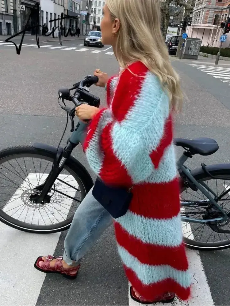 Stripe Women Knit Splice Cardigans Loose Autumn Winter Vintage Full Sleeve Long Coat Ladies Casual Street Jacket Knitwear