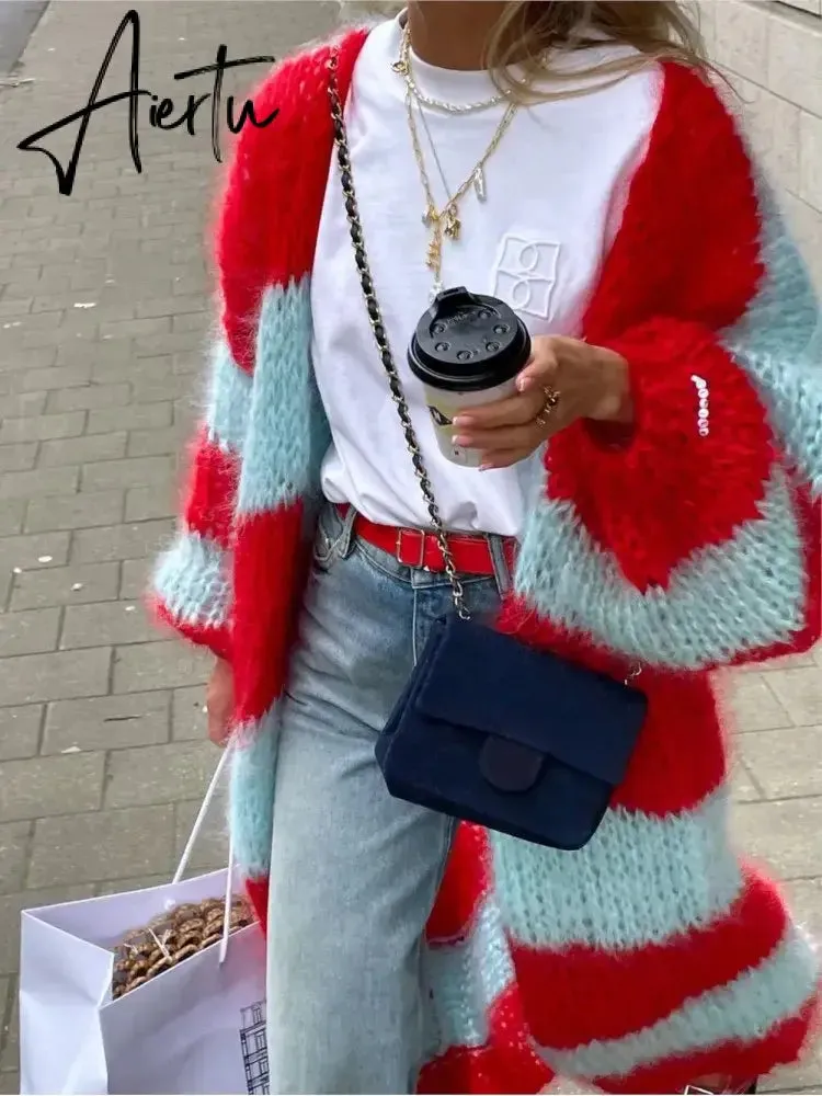 Stripe Women Knit Splice Cardigans Loose Autumn Winter Vintage Full Sleeve Long Coat Ladies Casual Street Jacket Knitwear