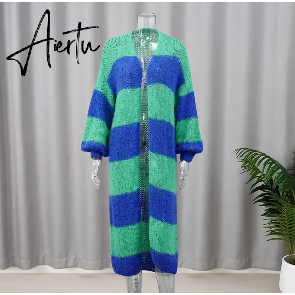 Stripe Women Knit Splice Cardigans Loose Autumn Winter Vintage Full Sleeve Long Coat Ladies Casual Street Jacket Knitwear